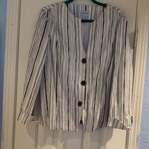 Chico's White and Black Striped 70% cotton jacket with silver metallic striping